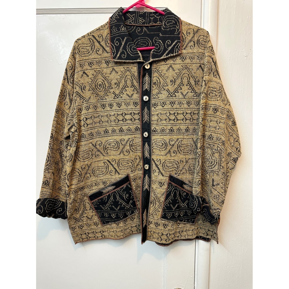 Yak Magik Reversible Jacket Womens Large Cotton Silk Geometric Tribal Nepal Tan